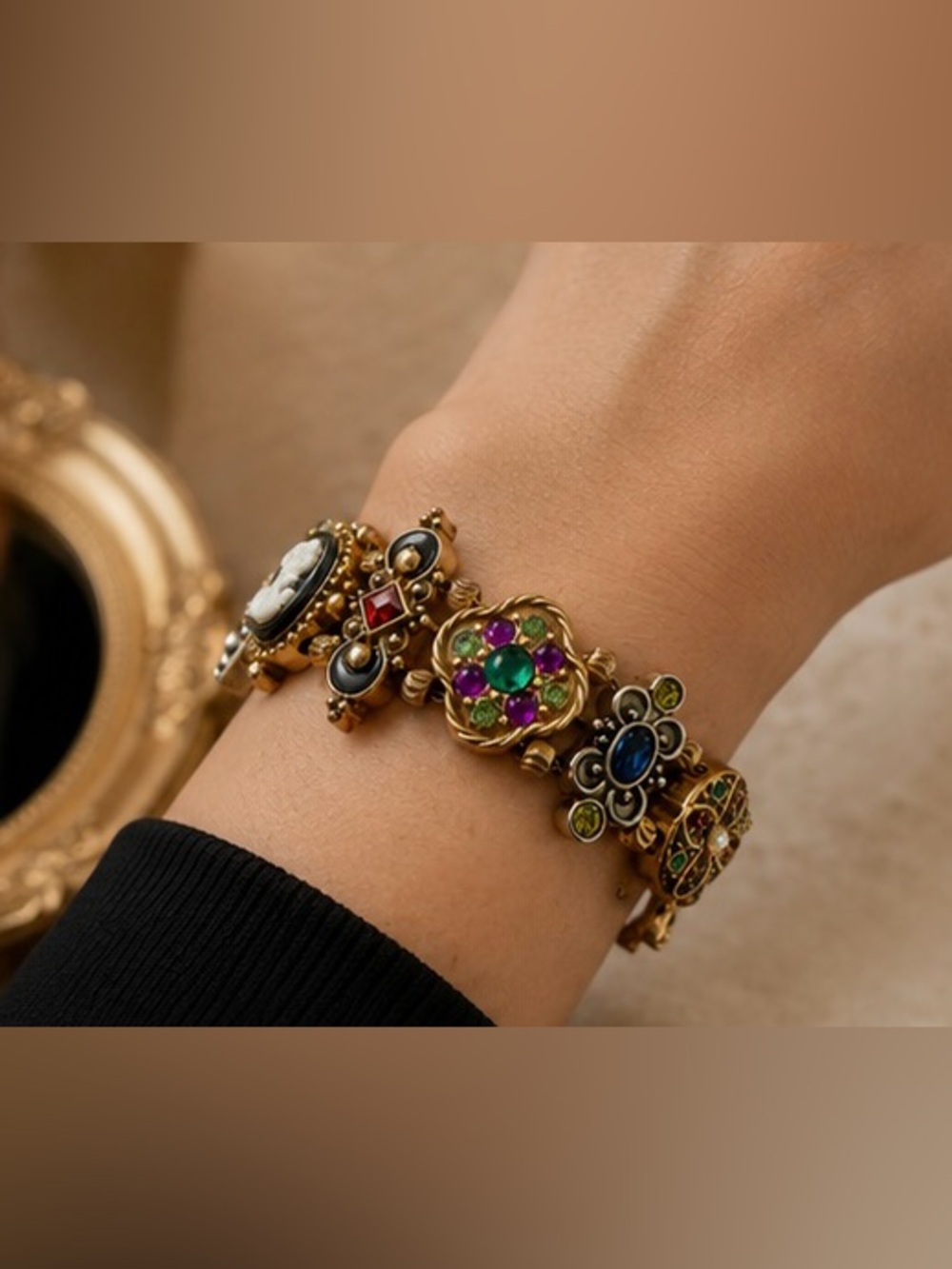 Vintage Art Deco Charm Bracelet | Antique Gold Statement Bracelet | Colorful - Picture 2 of 12